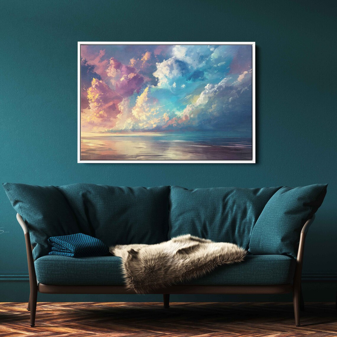 Colorful Pastel Clouds Calm Reflective Sea Sunset Glow Ocean Sky Wall Poster