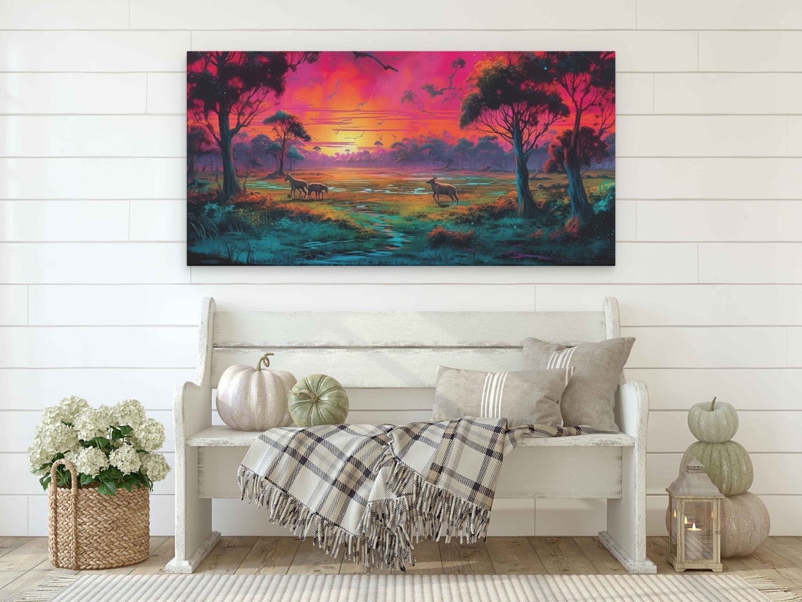 Neon Sunset Wetland Deer Silhouettes Pink Sky Panoramic Wall Art - Image 2