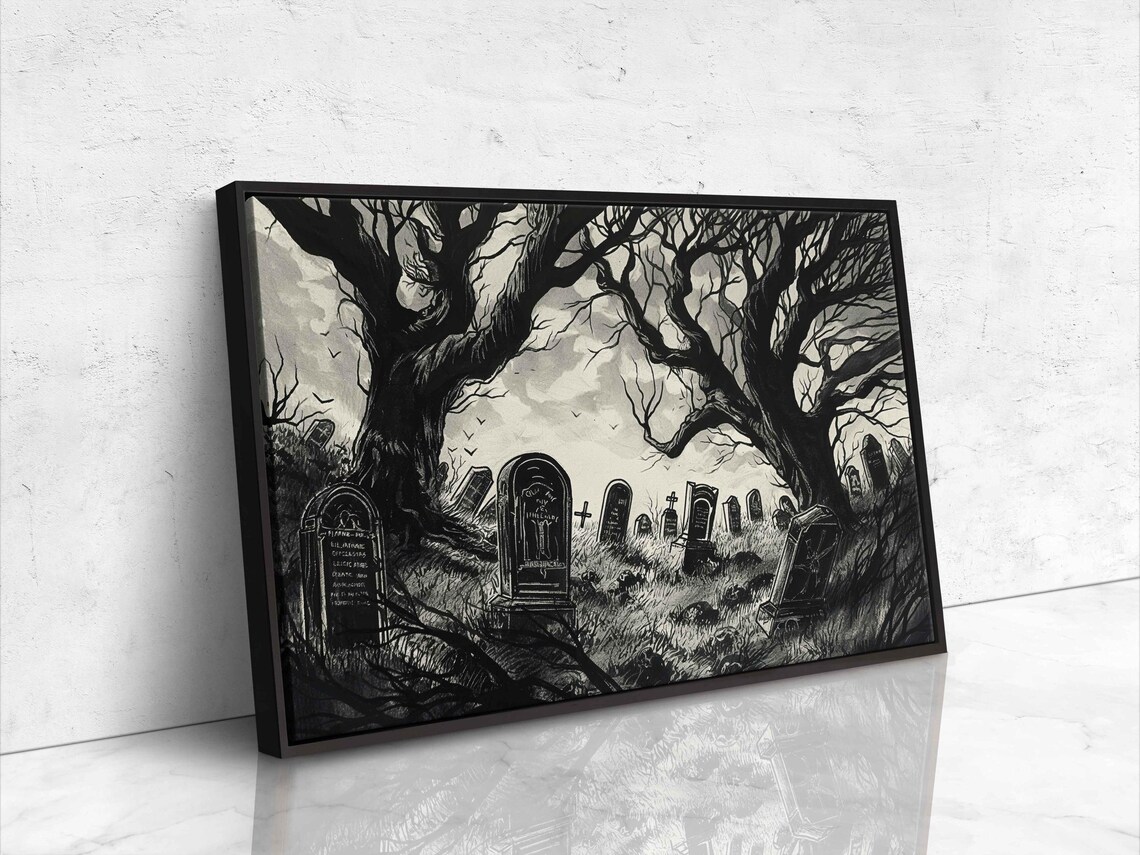 Gothic Graveyard Twisted Trees Foggy Night Ink Art Halloween Wall Poster - Image 4