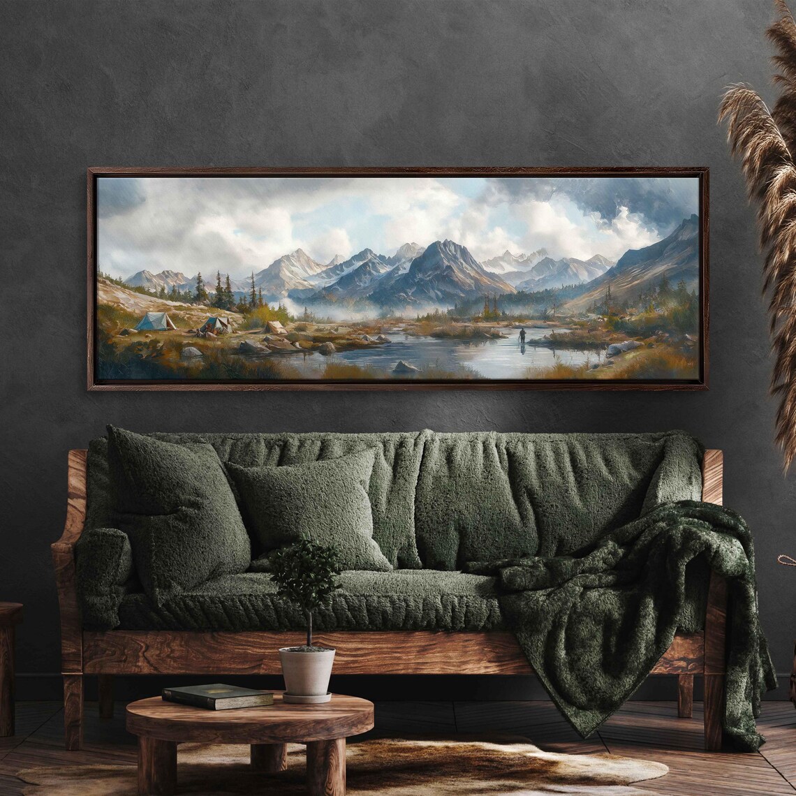 Expansive Wilderness Campsite, Mountain River Art Print