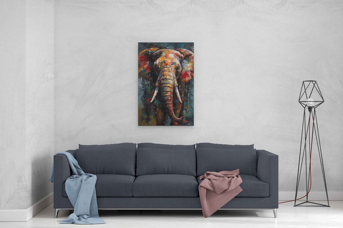 Colorful Elephant Head Portrait Ink Splash Textured Oil Painting Animal Poster - Image 4