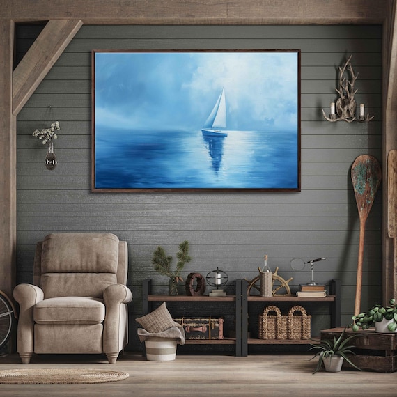 Lone Sailboat Misty Blue Ocean Calm Waters Minimalist Wall Poster