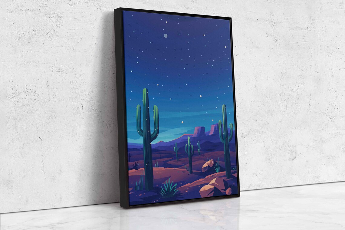 Arizona Desert Starry Night Saguaro Cactus Silhouette Moon Sky Art Poster - Image 4