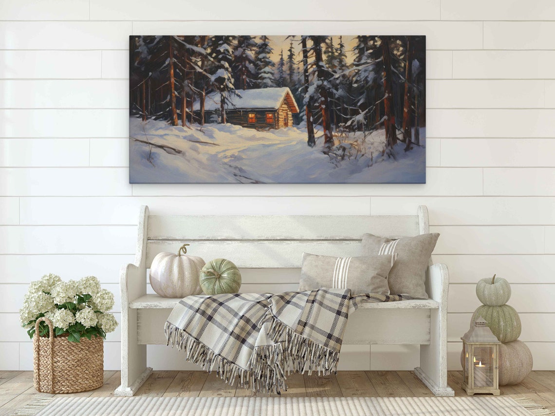 Snowy Log Cabin Warm Window Light Forest Twilight Winter Art Print - Image 2