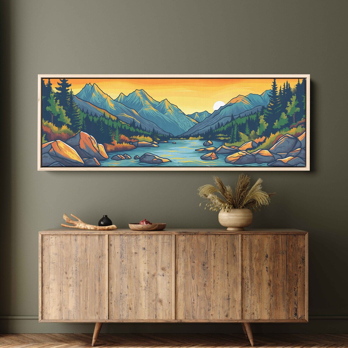 Flowing Rock River Colorful Valley Soothing Sunset Art Framed Print Ready To Hang