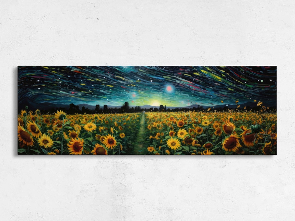 Sunflower Field Starry Night Panoramic Wall Art Print Ready To Hang