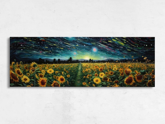 Sunflower Field Under Colorful Starry Night Sky Panoramic Art Print