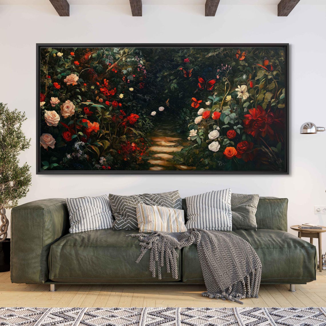 Elegant Garden In Full Bloom Wall Art Print Vibrant Flowers Butterflies Stone Path