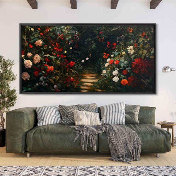 Elegant Garden In Full Bloom Wall Art Print Vibrant Flowers Butterflies Stone Path