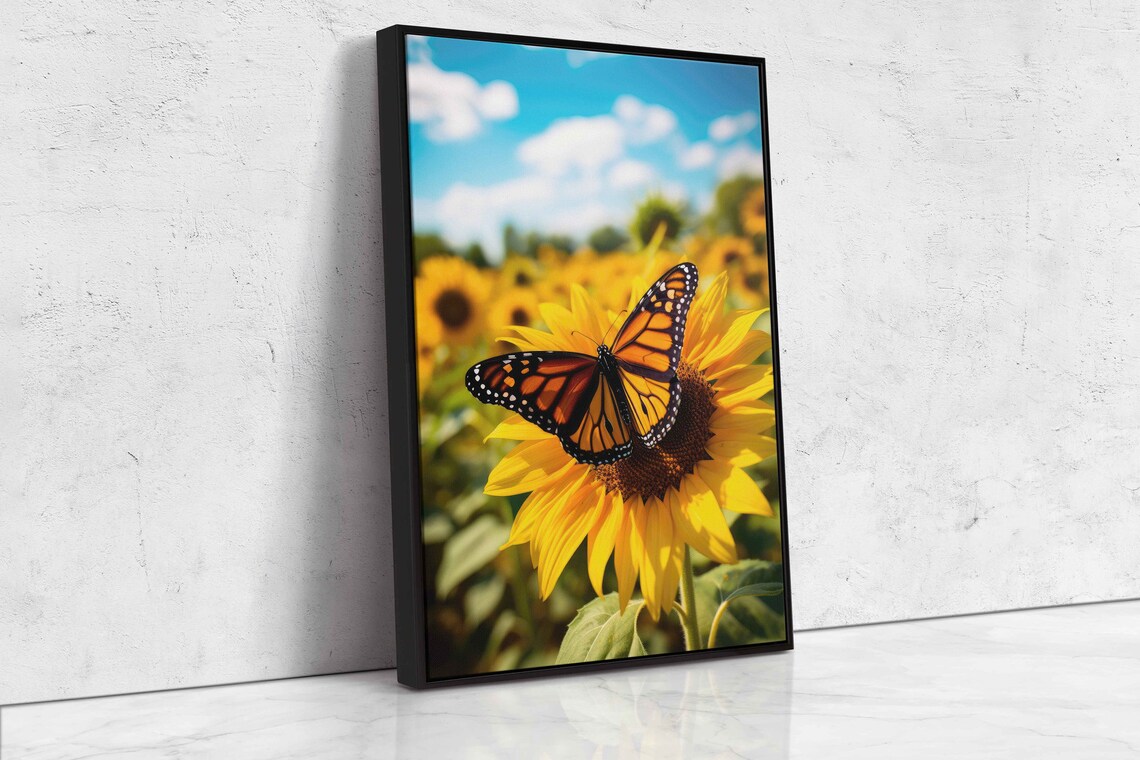 Monarch Butterfly on Sunflower Sunny Field Blue Sky Macro Art Poster - Image 4