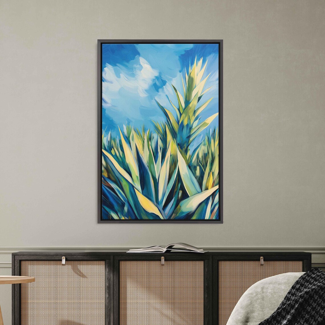 Agave Plants Blue Sky Bold Oil Painting Green Yellow Leaves Art Poster