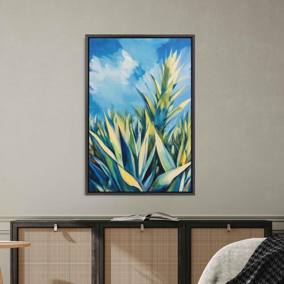 Agave Plants Against Blue Sky Wall Art Print Bold Oil Painting Vibrant Colors