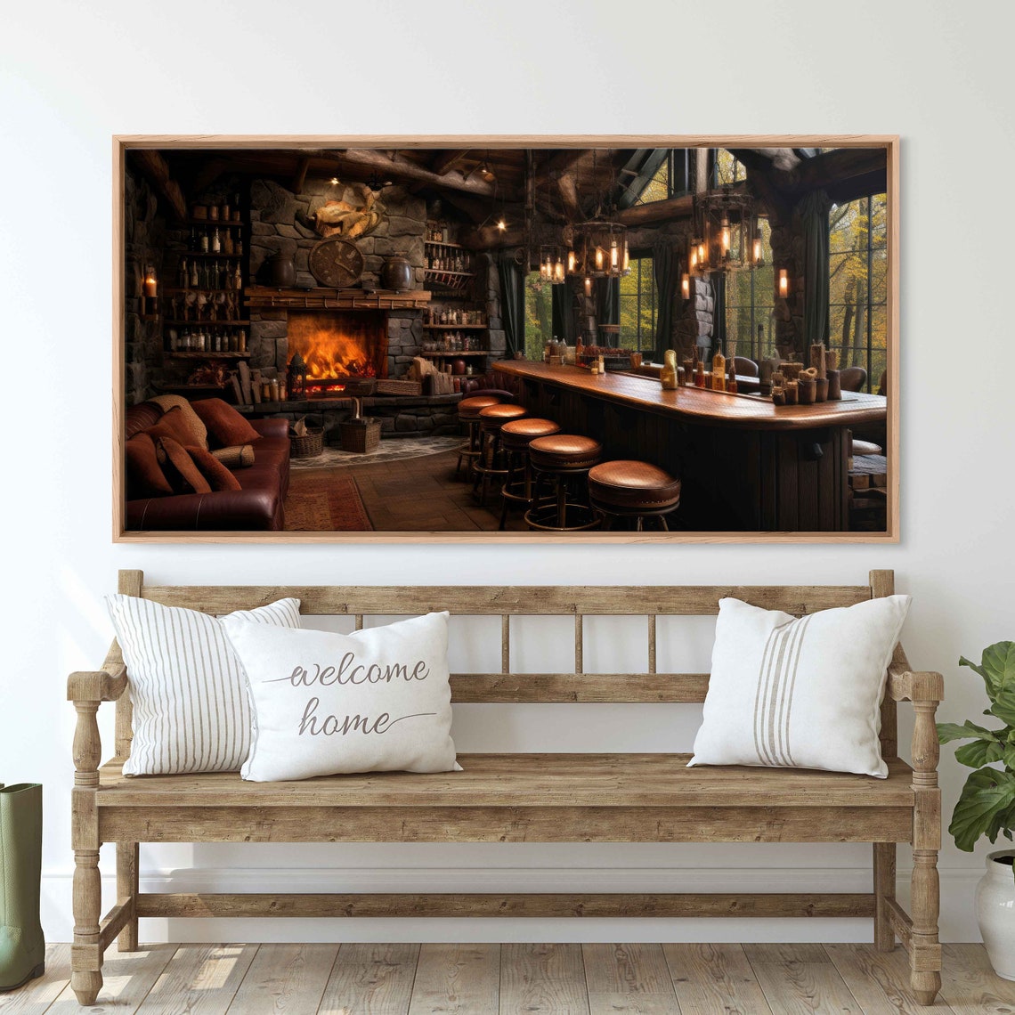 Cozy Rustic Bar Stone Fireplace Leather Lounge Autumn Lodge Art Print - Image 3