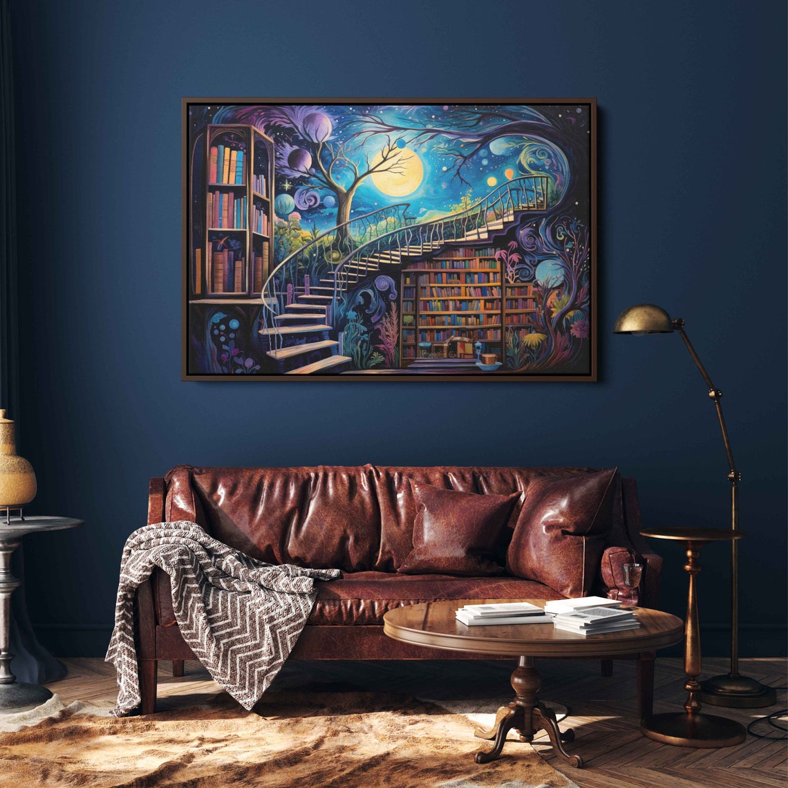 Moonlit Spiral Staircase Night Library Whimsical Fantasy Book Poster