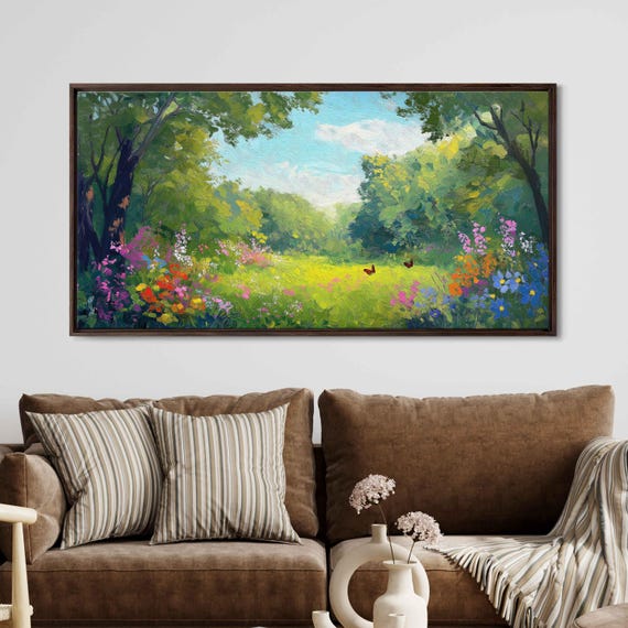 Idyllic Spring Landscape Wall Art Print Sunlit Meadow Butterflies And Wildflowers