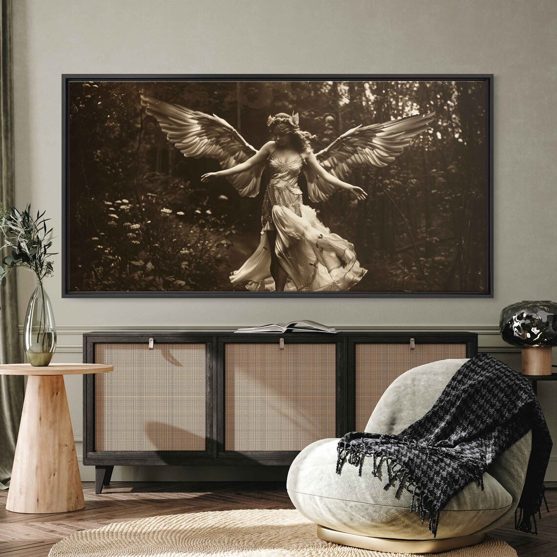 Angel With Majestic Wings And Flowing Dress In Forest Vintage Photo Wall Art Print Fairy Art Ready To Hang