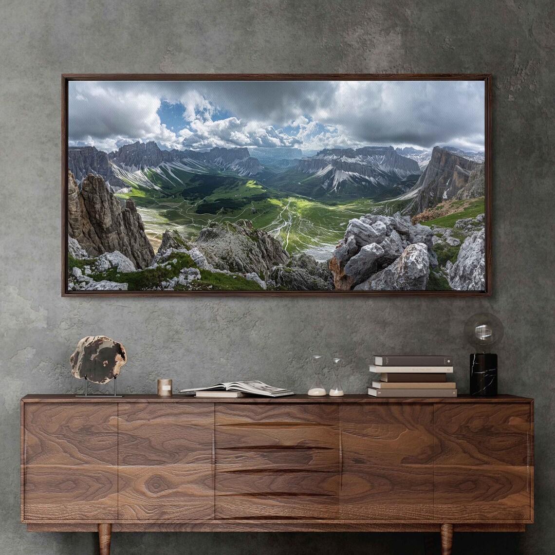 Dolomite Alps Under Cloudy Skies Breathtaking View Wall Art Print Italian Mountain Range Lush Cliffside Valley Ready To Hang - Image 3