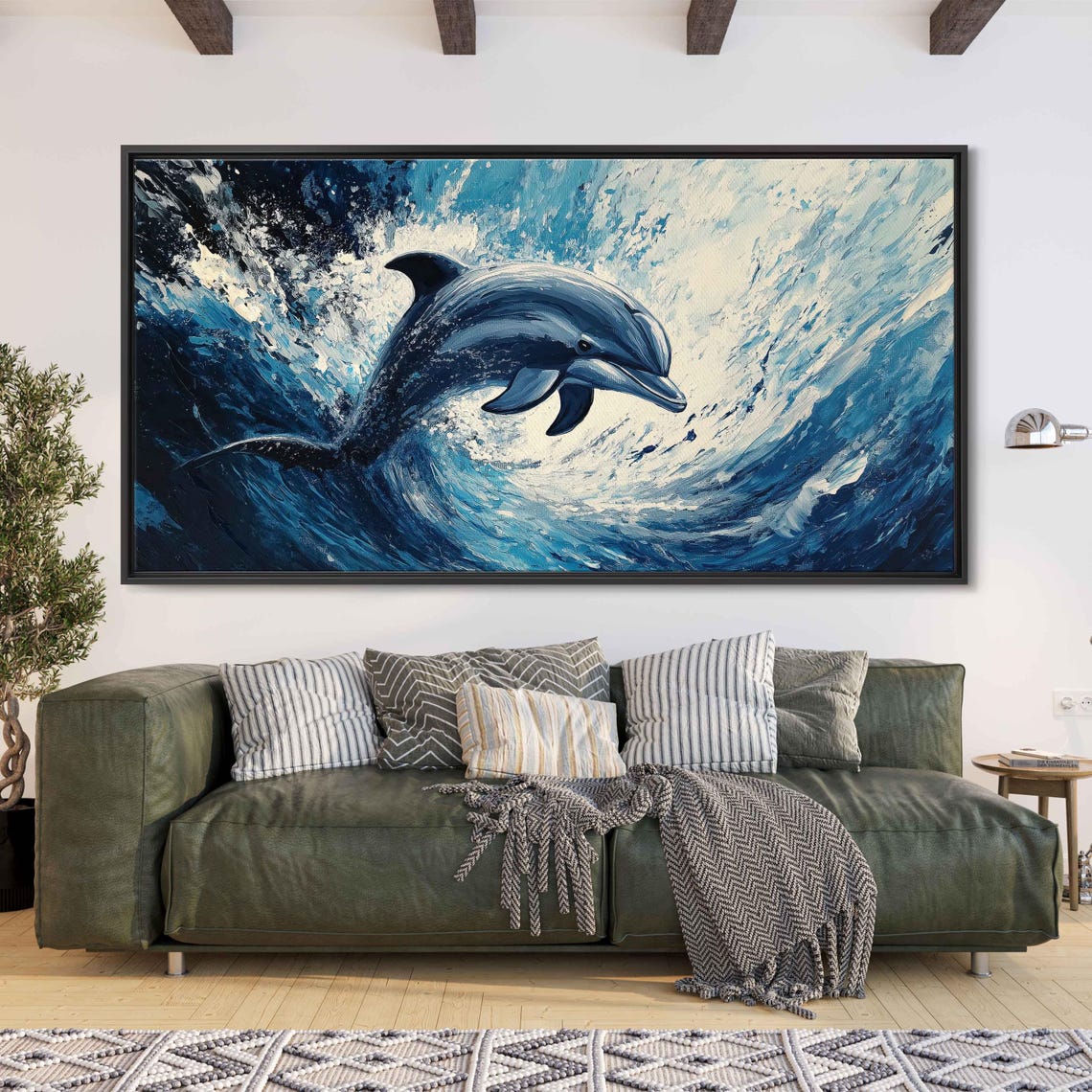 Dolphin Leaping Ocean Wave Blue Swirl Panoramic Wall Art Print