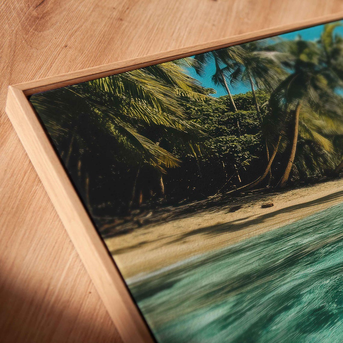 Surfer Floating By Sandy Beach Wall Art Print Tropical Island Gift For Surfer Blue Water Palm Trees Ready To Hang - Image 2