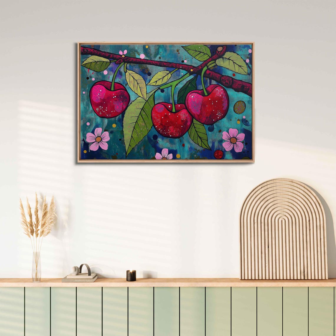 Ruby Red Cherries Pink Blossoms Teal Night Sky Art Print Poster