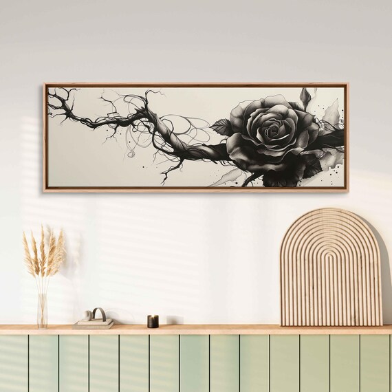 Black Rose With Twisted Thorns Branch Monochrome Floral Ink Painting Wall Art Print