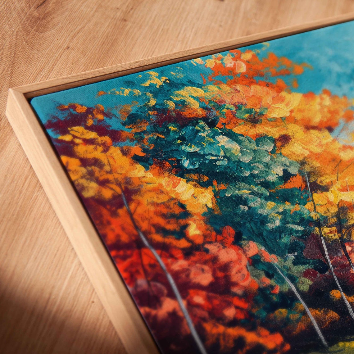 Colorful Autumn Trees Reflected In Blue Lake Acrylic Painting Poster - Image 2