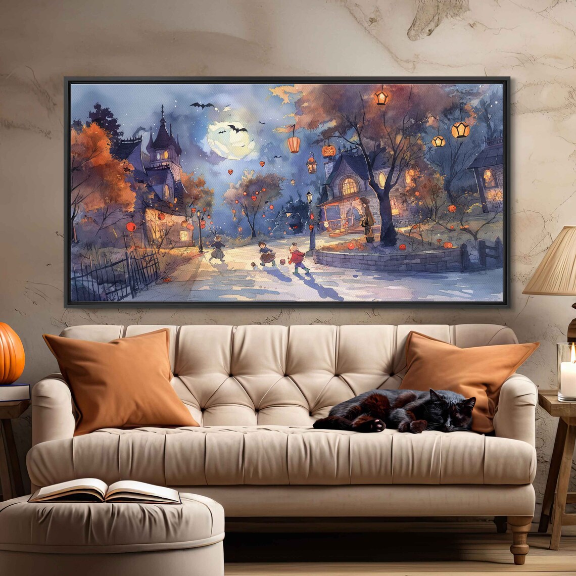 Halloween Night Village Square With Kids Lanterns Bats And Full Moon Wall Art