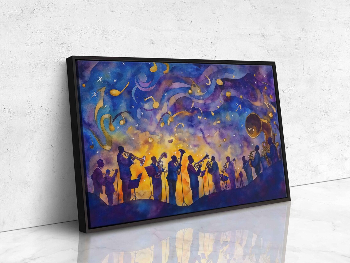 Jazz Band Silhouettes Performing Under Starry Night Sky Watercolor Art Poster - Image 4