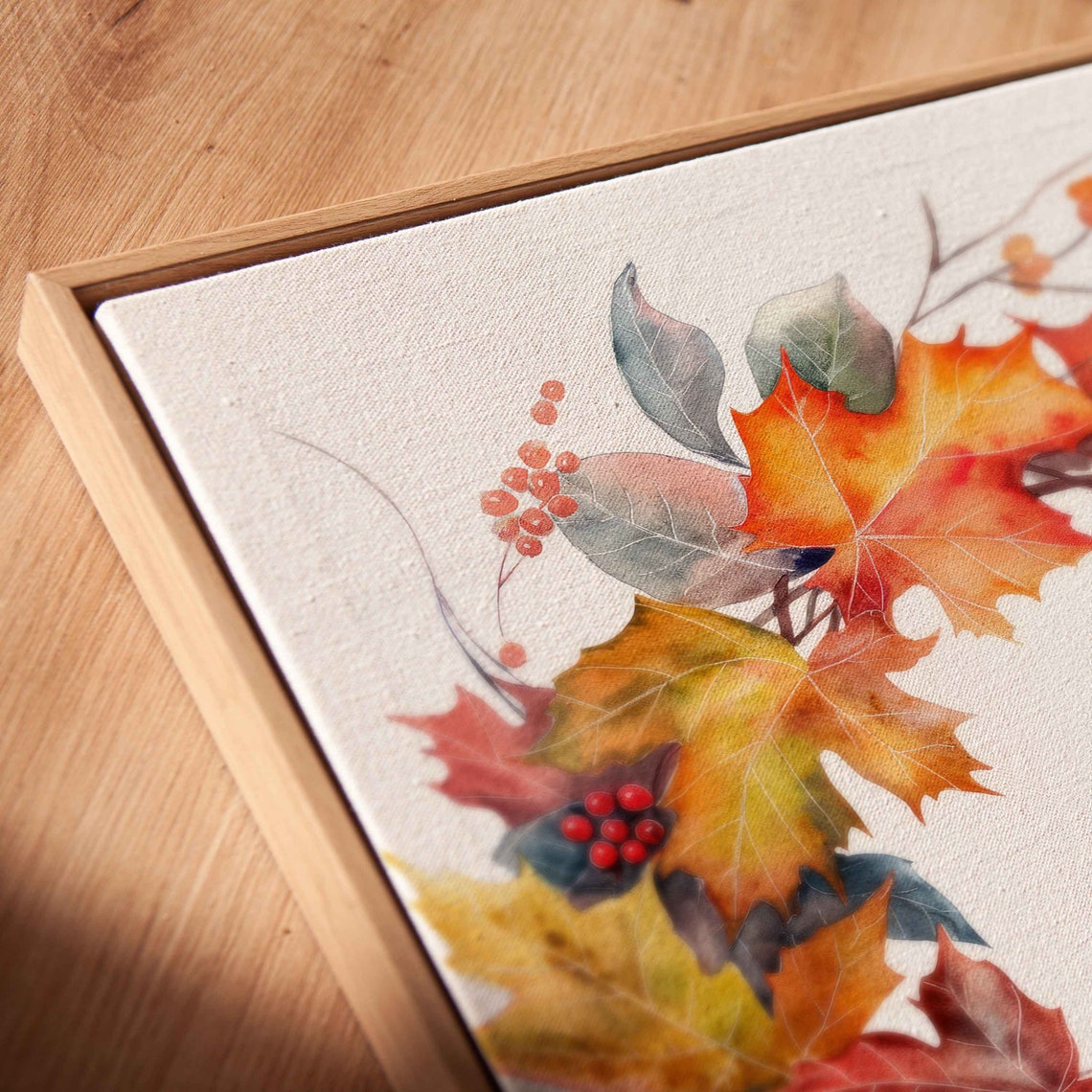Fall Maple Leaf Wreath With Bright Red Berries Watercolor Art Poster - Image 2