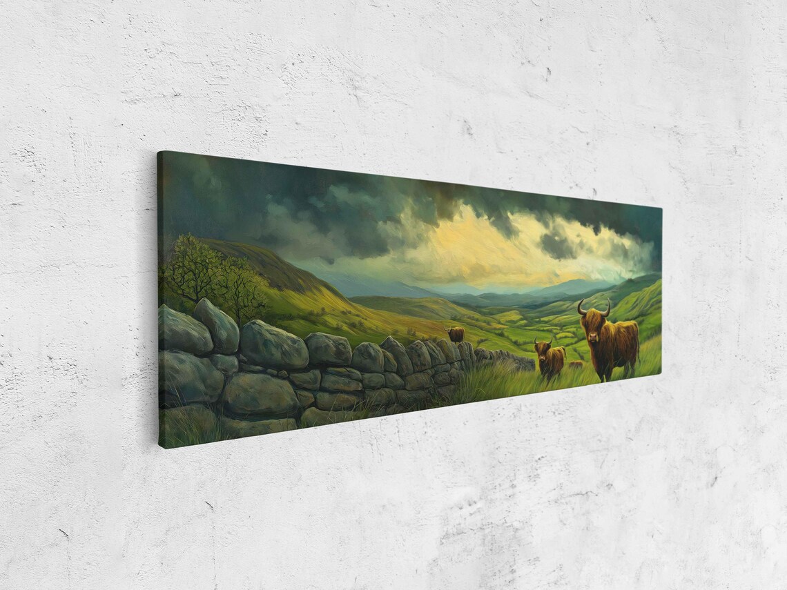 Highland Cows Panorama, Scottish Landscape Art Print - Image 4