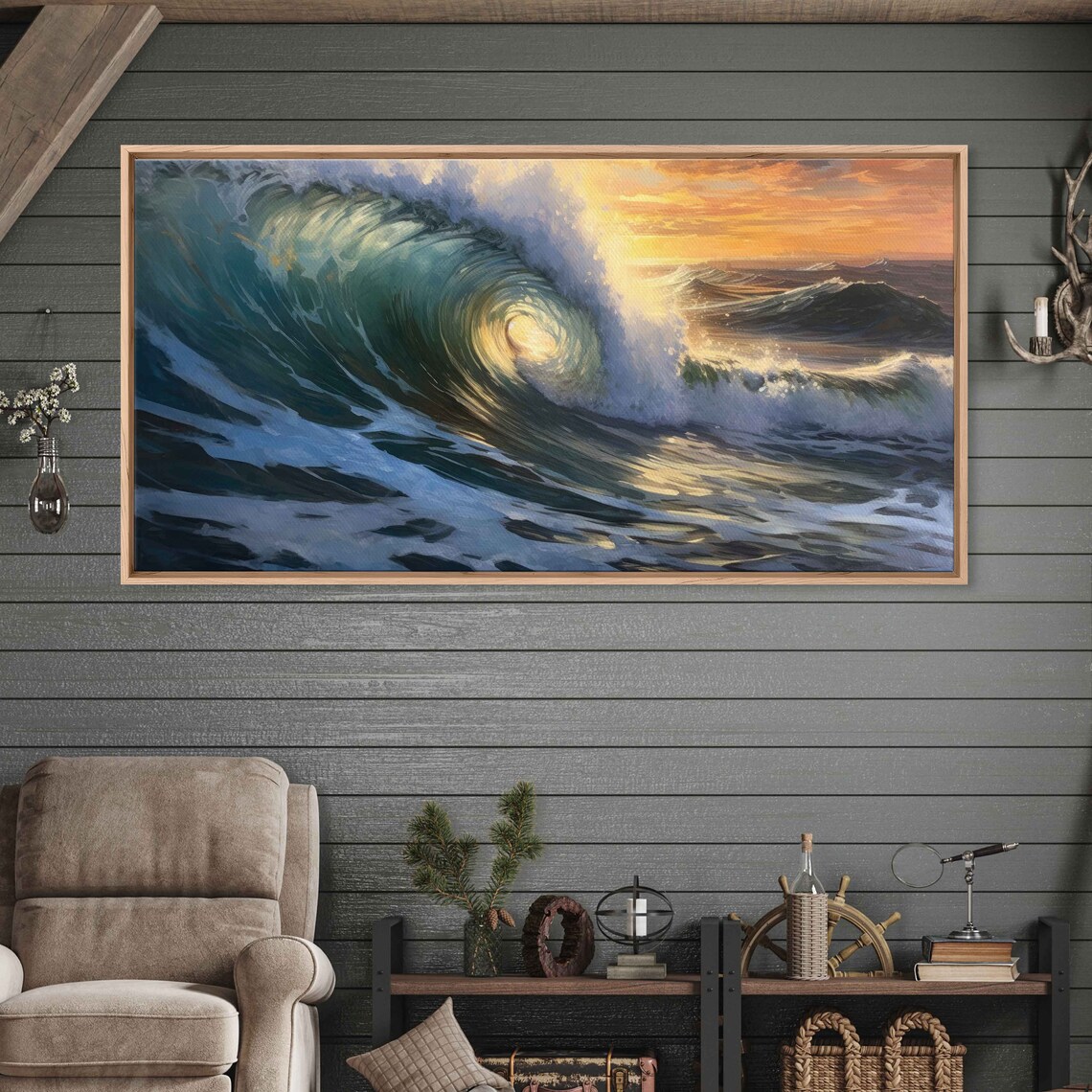 Powerful Ocean Wave Barrel Sunset Dramatic Seascape Surf Painting Poster
