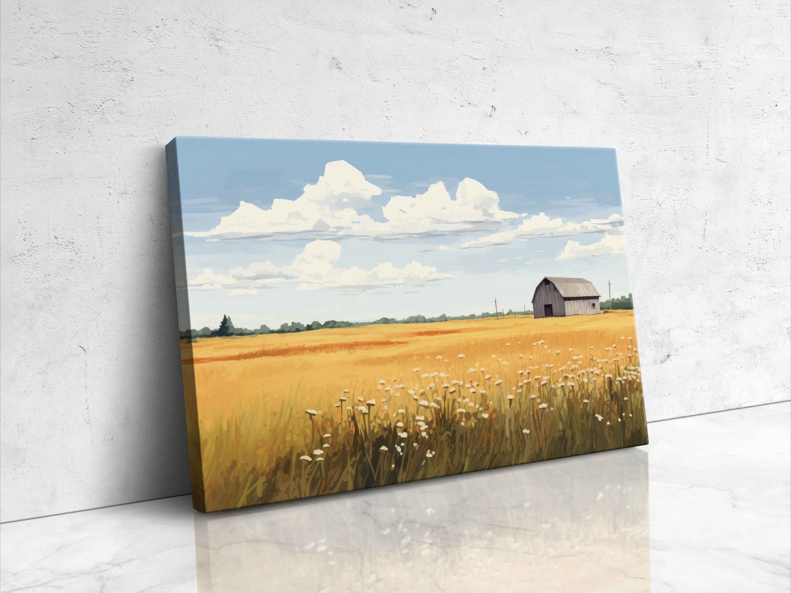 Golden Wheat Field With Old Barn Summer Sky Minimalist Farm Wall Art - Image 4