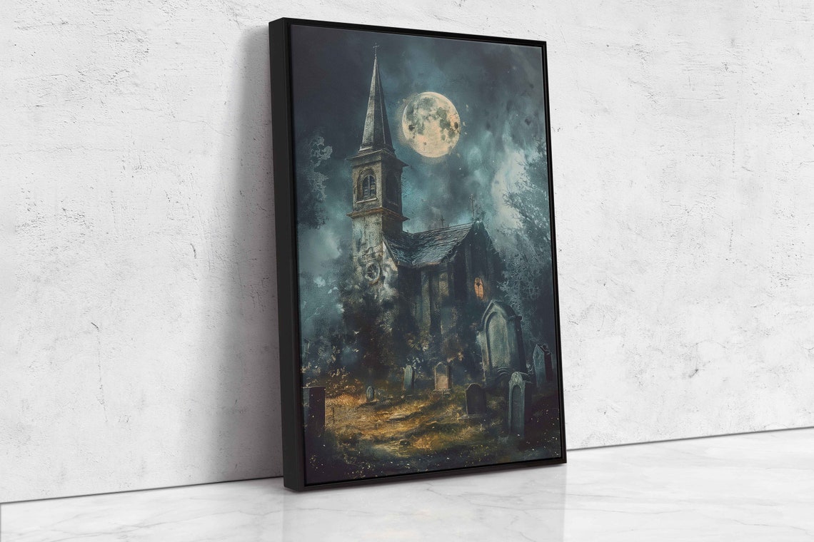 Eerie Abandoned Church Graveyard Full Moon Night Sky Halloween Print - Image 4