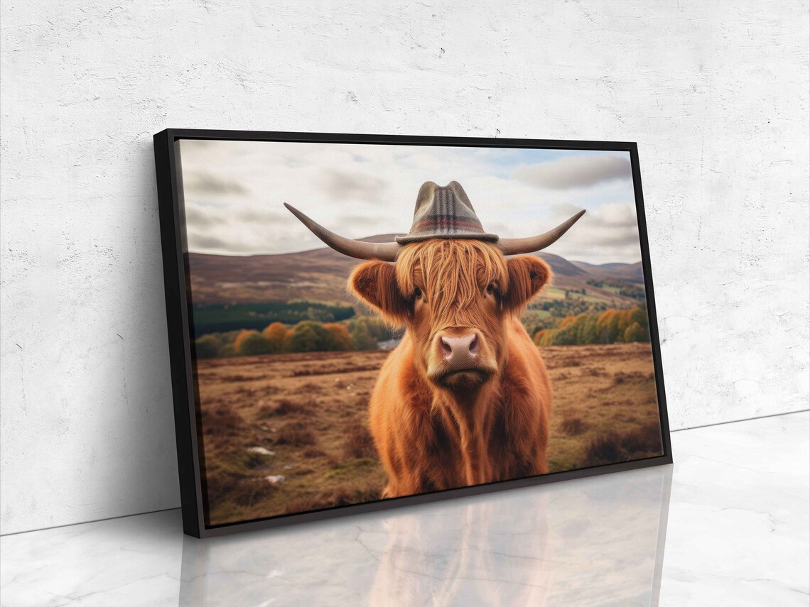 Highland Cow Wearing Hat Rustic Farm Animal Funny Cow Wall Art Print - Image 4