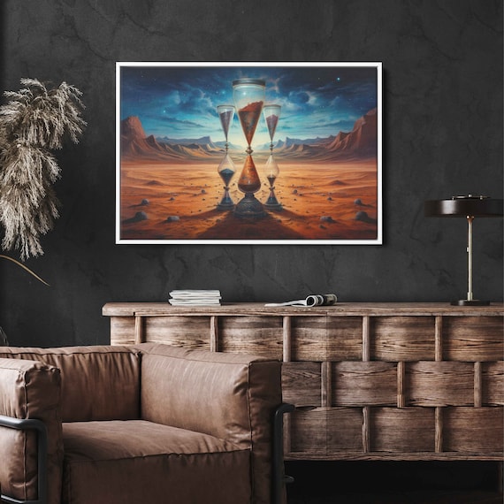 Surreal Hourglass In Desert Painting Reproduction Print On Ready To Hang Surrealism Art