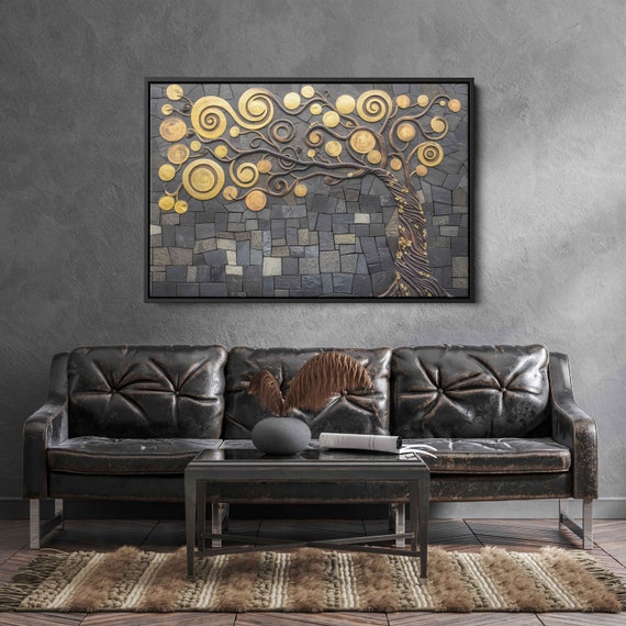 Bauerngarten By Klimt Bas Relief Style Inspired Wall Art Print Gold Trimmed Tree Sculpture Painting Ready To Hang