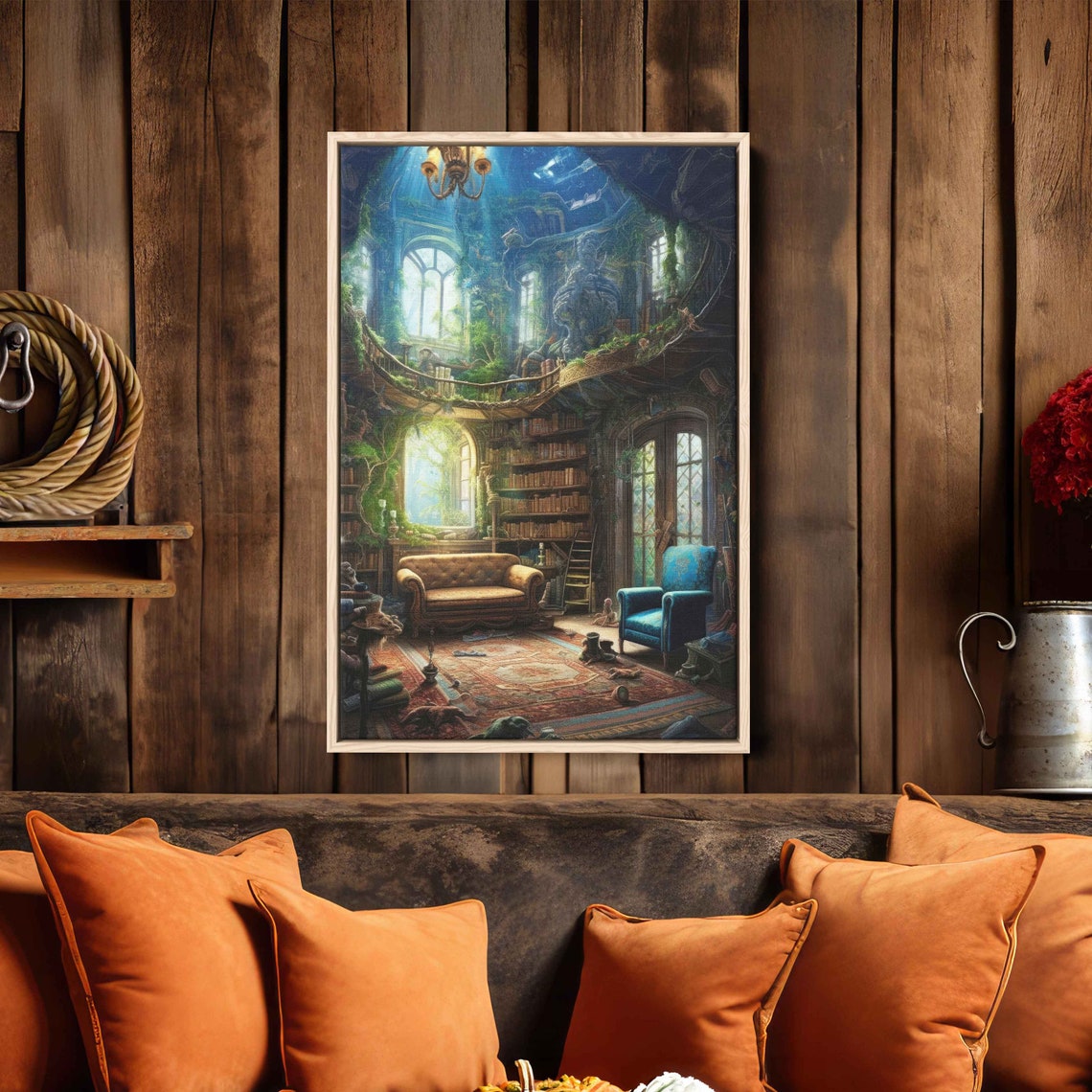 Enchanted Forest Library Treehouse Cozy Bookshelf Fantasy Print - Image 2