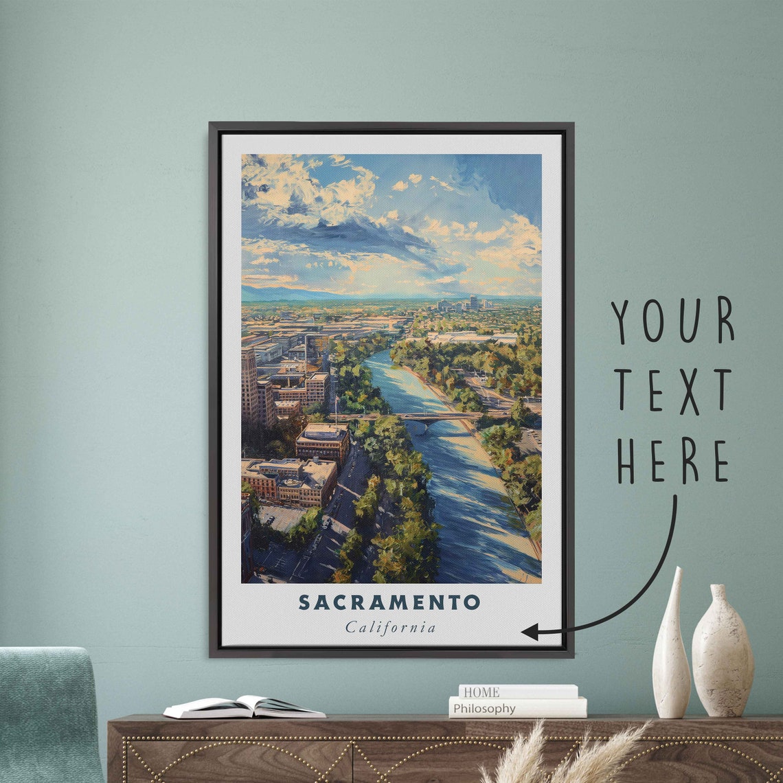 Sacramento California River Bend City View Golden Light Travel Poster