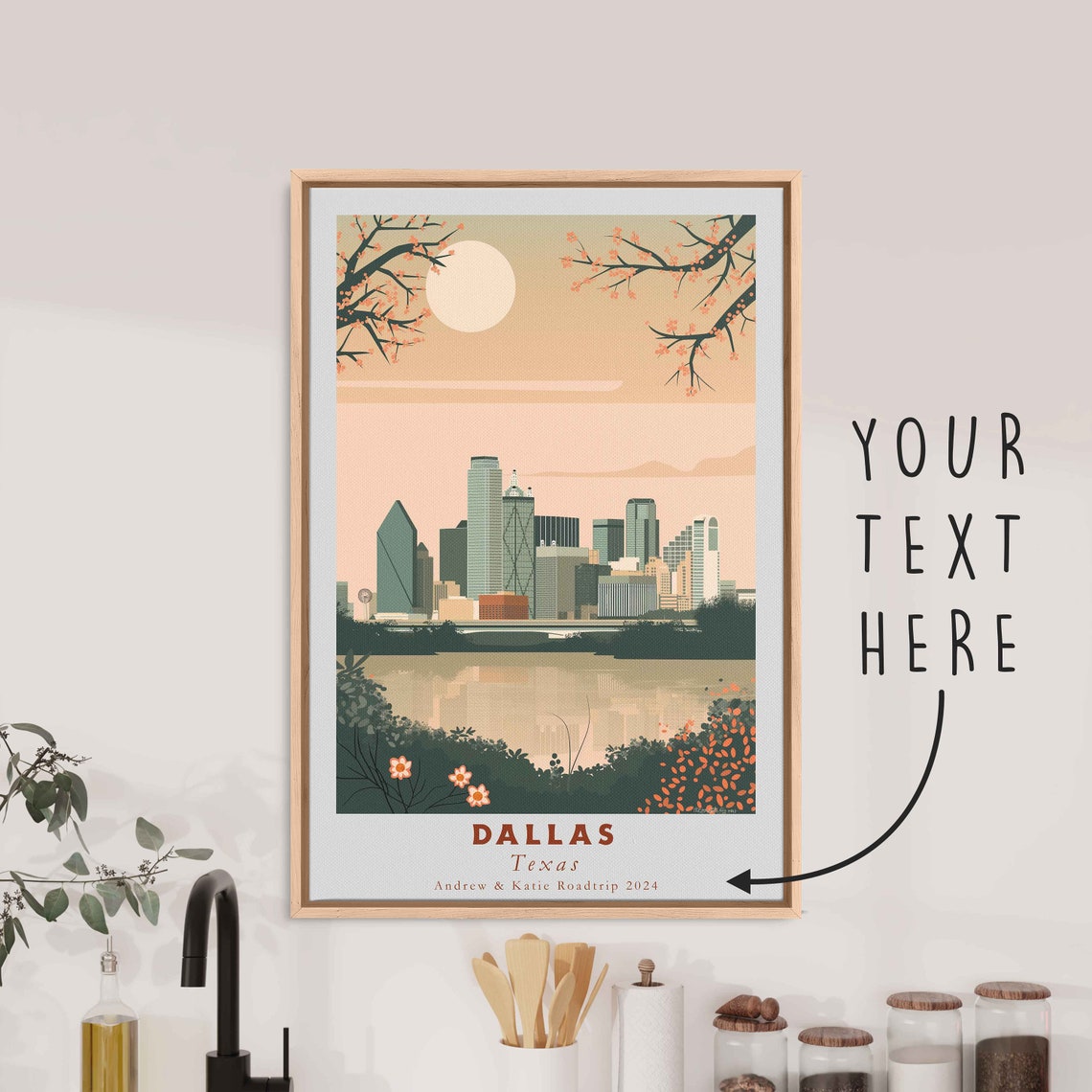 Dallas Texas Daytime Skyline River Flowering Trees Travel Poster - Image 3