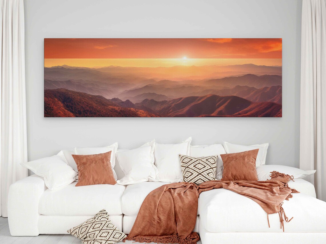Panoramic Beautiful Sunset Over Mountain Landscape Print On Framed Option Ready To Hang - Image 2