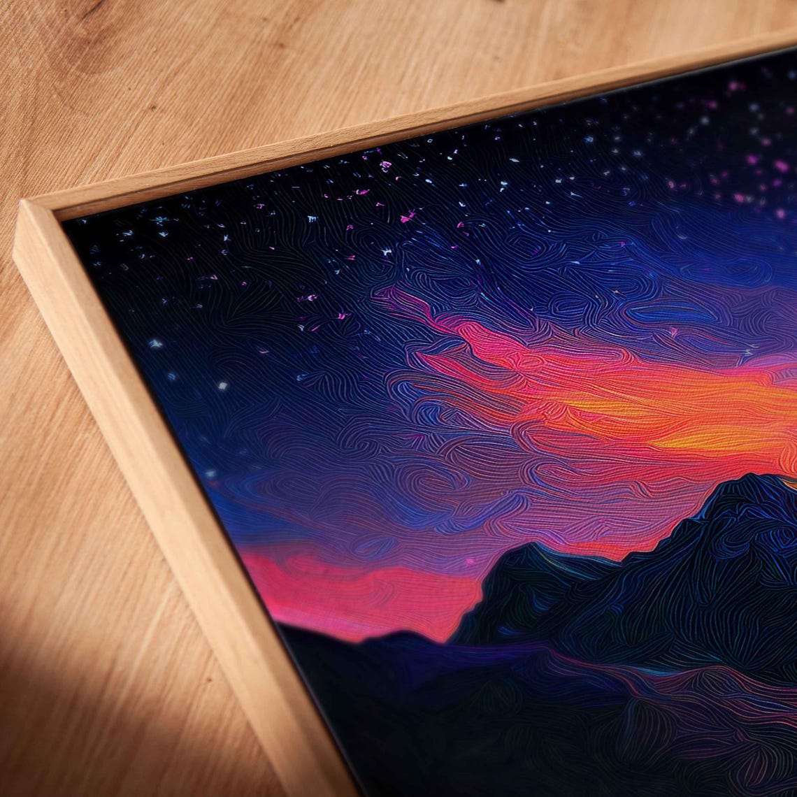 Starry Sky Over Rugged Mountains Wall Art Print Vivid Acrylic Painting Cosmic Colors - Image 2