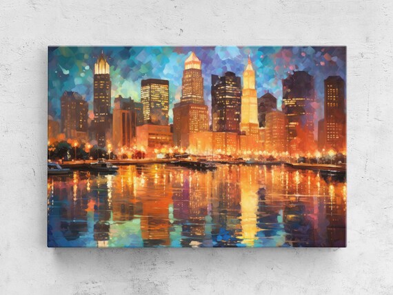 Impressionist City Skyline Night Lights Shimmering Water Reflection Poster