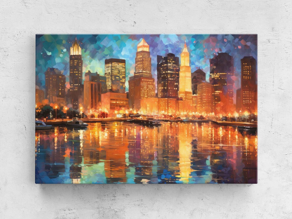 Impressionist City Skyline Night Lights Shimmering Water Reflection Poster