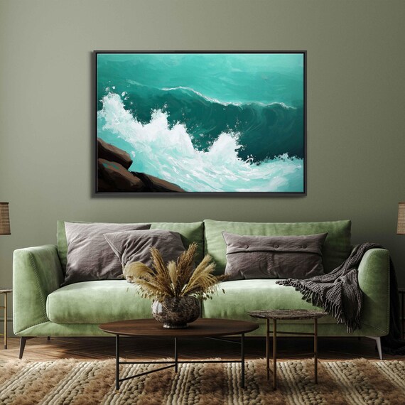 Teal Ocean Wave Crashing Against Rocky Shore Dramatic Seascape Art Poster