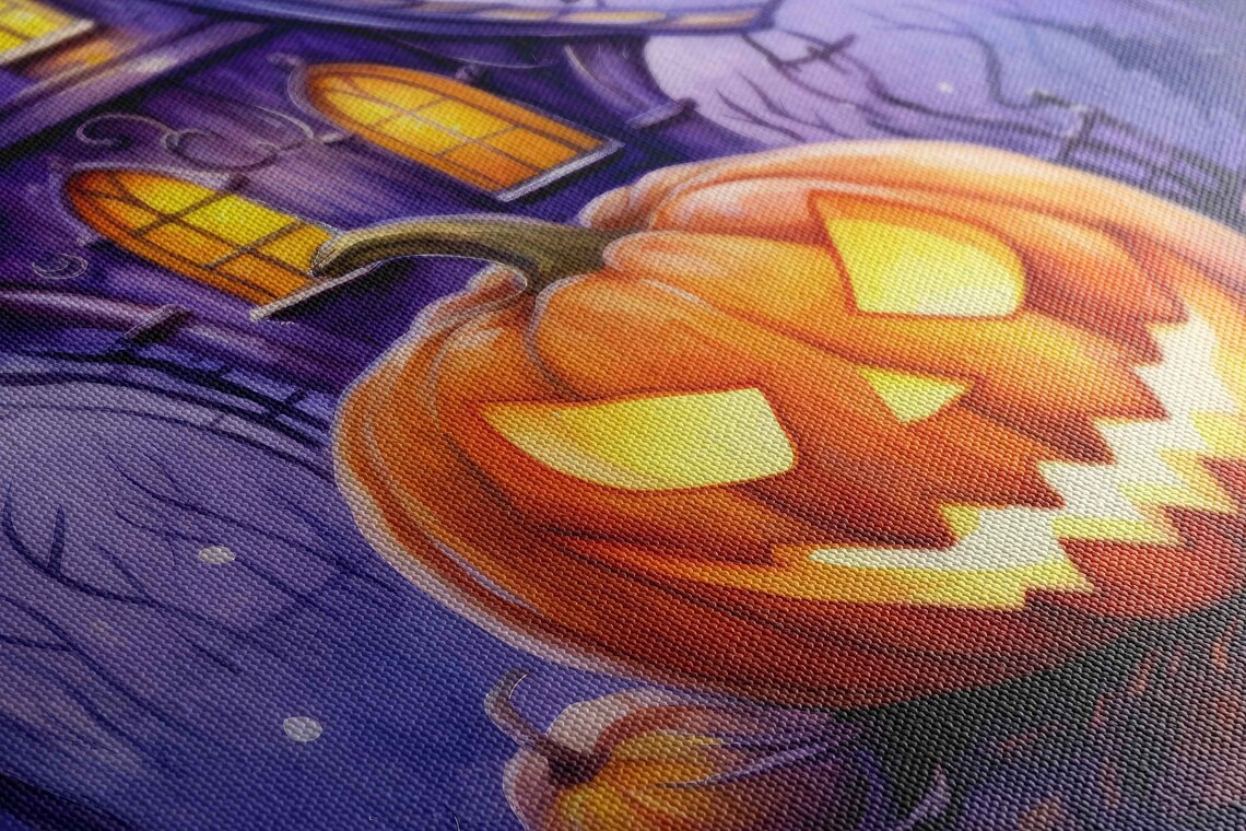 Halloween Haunted Castle Jack O Lantern Purple Sky Bats Watercolor Poster - Image 2