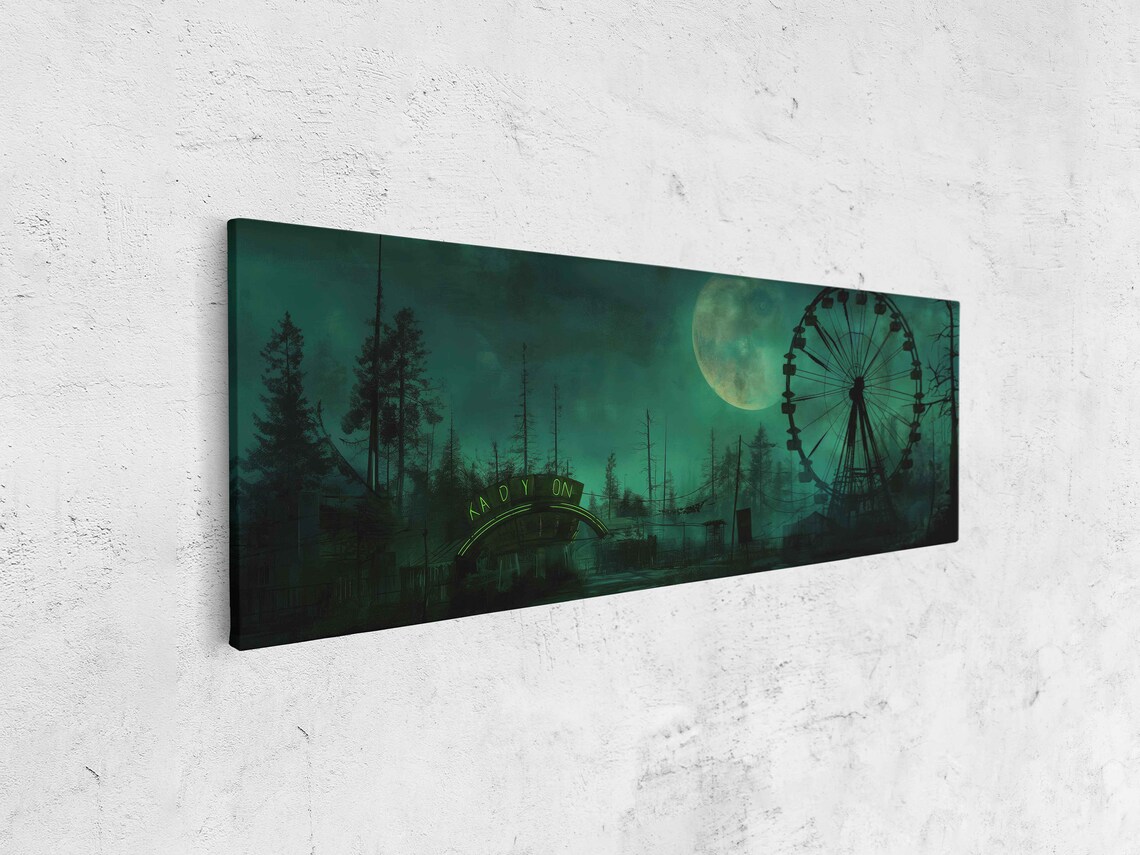 Abandoned Carnival Ferris Wheel Green Night Foggy Panoramic Print - Image 4
