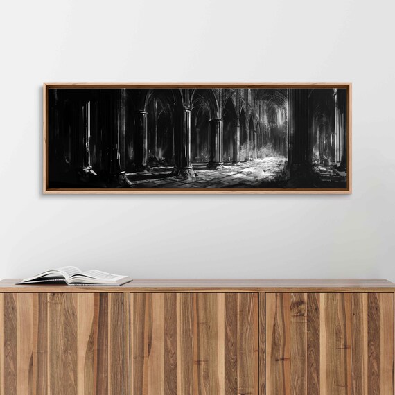 Gothic Cathedral Interior With Towering Dark Arches Ink Painting Wall Art Poster