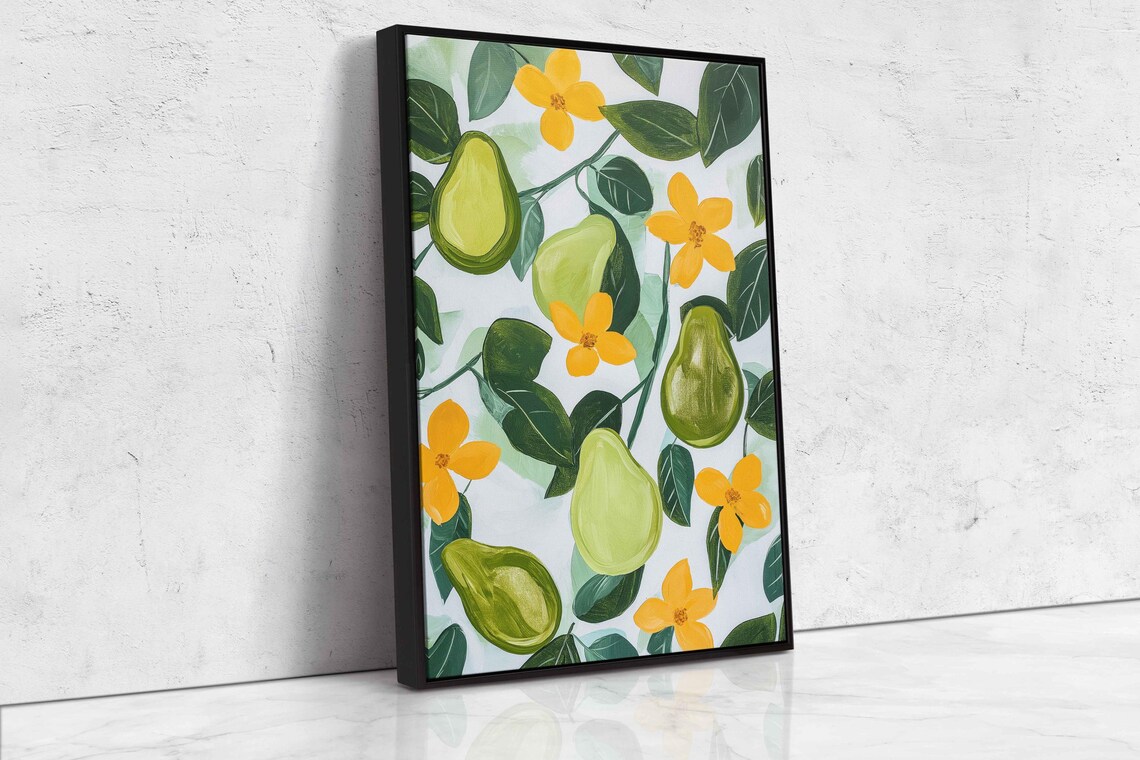 Green Avocados Golden Flowers White Background Modern Fruit Art Poster - Image 4