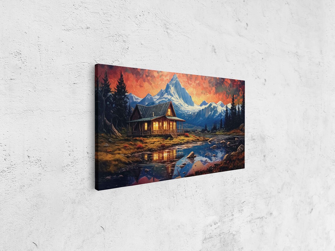 Lakeside Cabin Sunset Reflection Snowy Peak Fiery Orange Sky Art Poster - Image 4