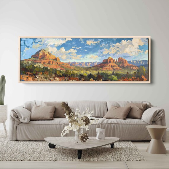 Sedona Arizona Red Rock Broad Panoramic Landscape Wall Art Print Western Painting Canyon Gorge Ready To Hang